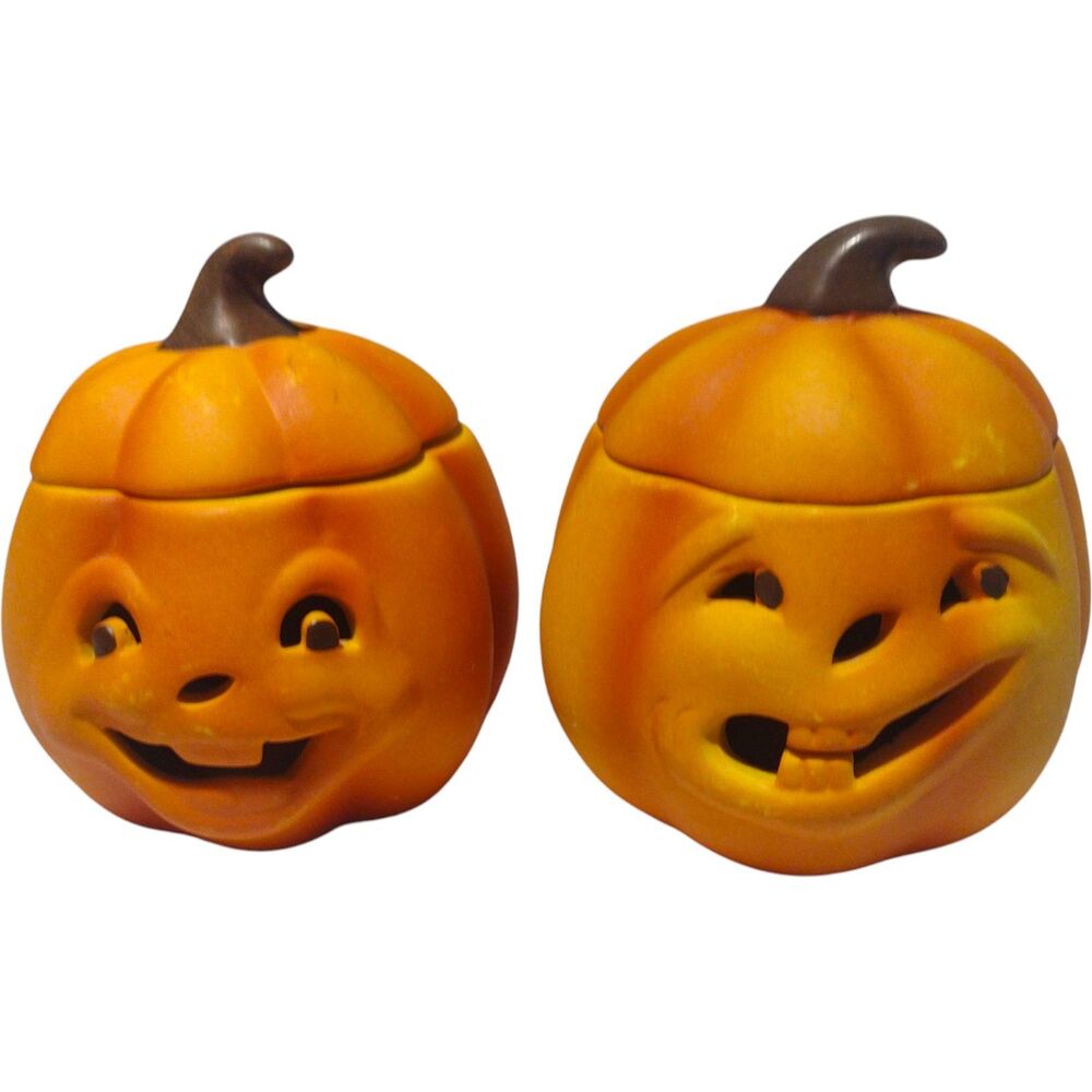 Vintage Ceramic Funny Face Jack O Lantern Pumpkin Tea Light Candle Holders 4"